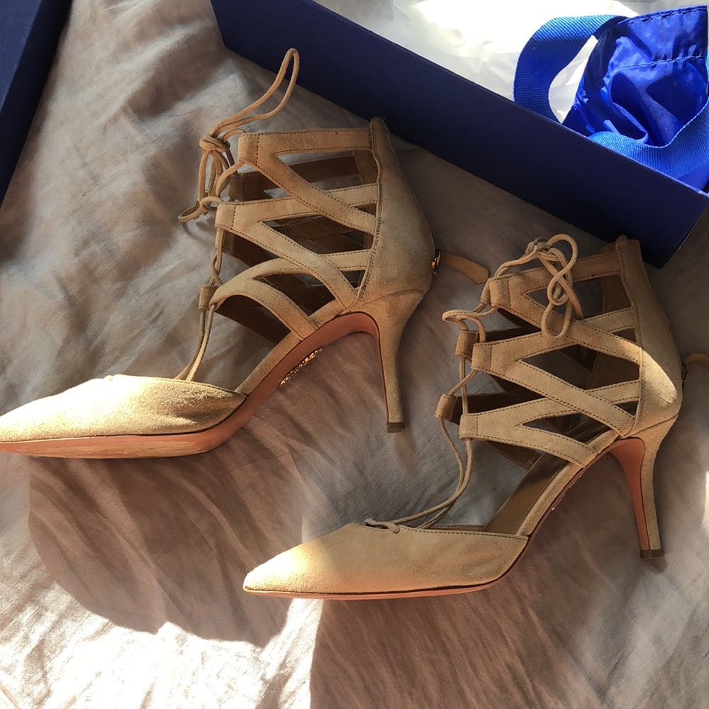 Aquazzura Firenze Belgravia 77 nude heels, size 9